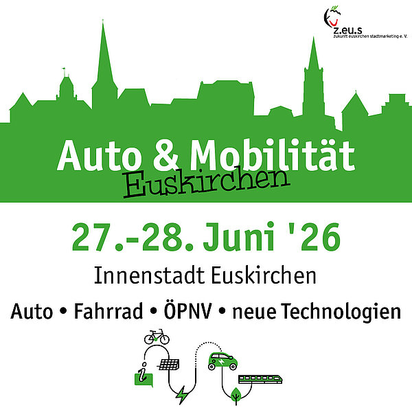 Schon zum zweiten Mal wird die bunte und informative Veranstaltung auf den Plätzen in der Euskirchener City stattfinden. Nicht nur das KFZ, sondern auch alternative Fortbewegungsmittel sowie neue Technologien und Fragen der Mobilität werden im Mittelpunkt stehen. Mit dabei ist, neben verschiedenen Automobilhändlern, auch die Fahrrad- und Solarbranche sowie der SVE.
PS: Anders als beim Stadt- und Knollenfest, wird es KEINEN Verkaufsoffenen Sonntag geben.